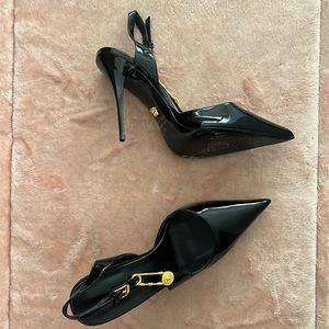 VERSACE SAFETY PIN PATENT LEATHER SLING-BACK PUMPS